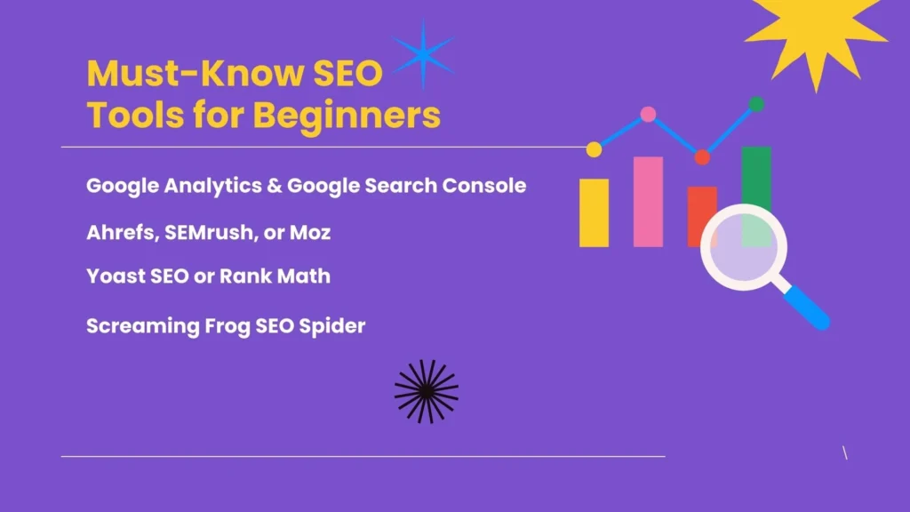 Purple background listing 'Must-Know SEO Tools for Beginners,' with icons for data analysis."